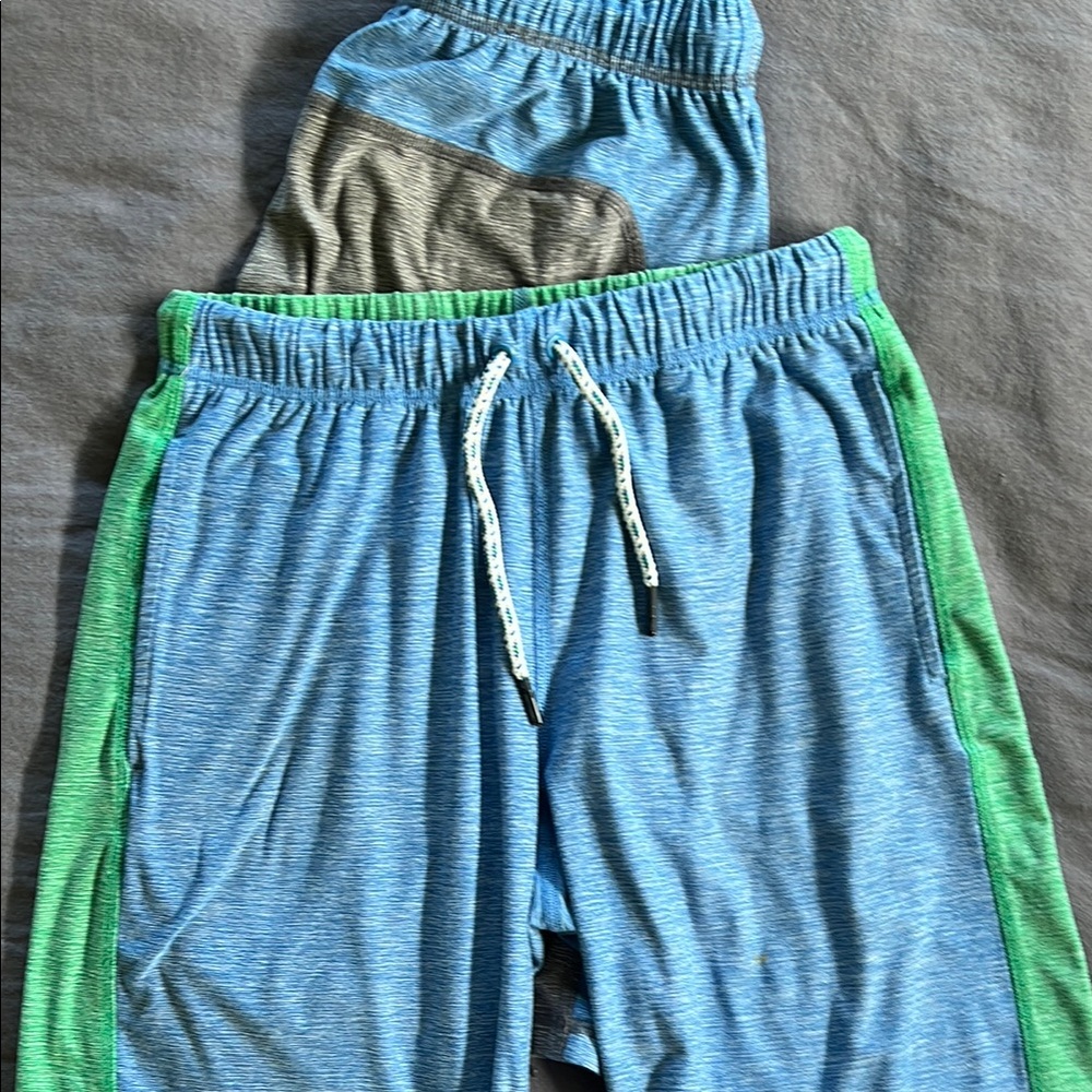Kids Blue and Green and Gray and blue active shorts.